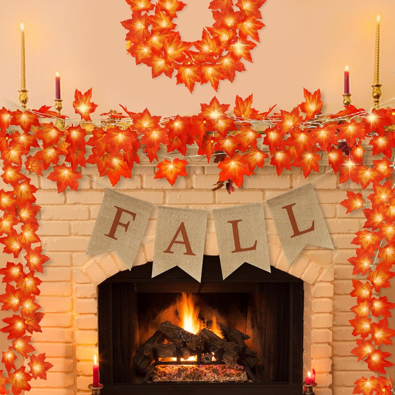 20FT Fall Decor - 2 Pack Fall Leaves Garland with Lights Banner